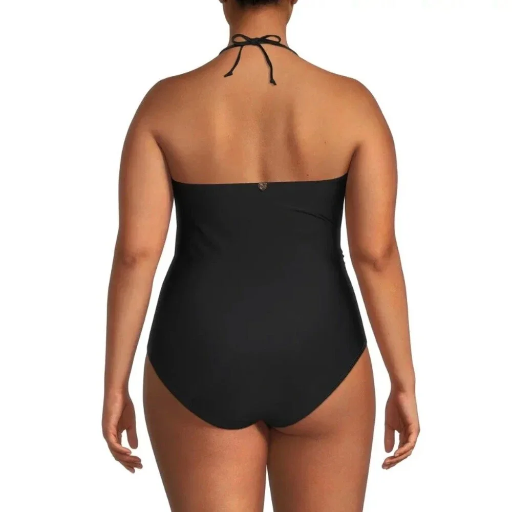 NWT Catherine Malandrino V Wire Shirred Black 1 Piece Bandeau Swimsuit Plus S 1X